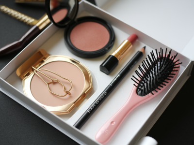 makeup and hair touch-up kit for after-work drinks — compact items to always carry